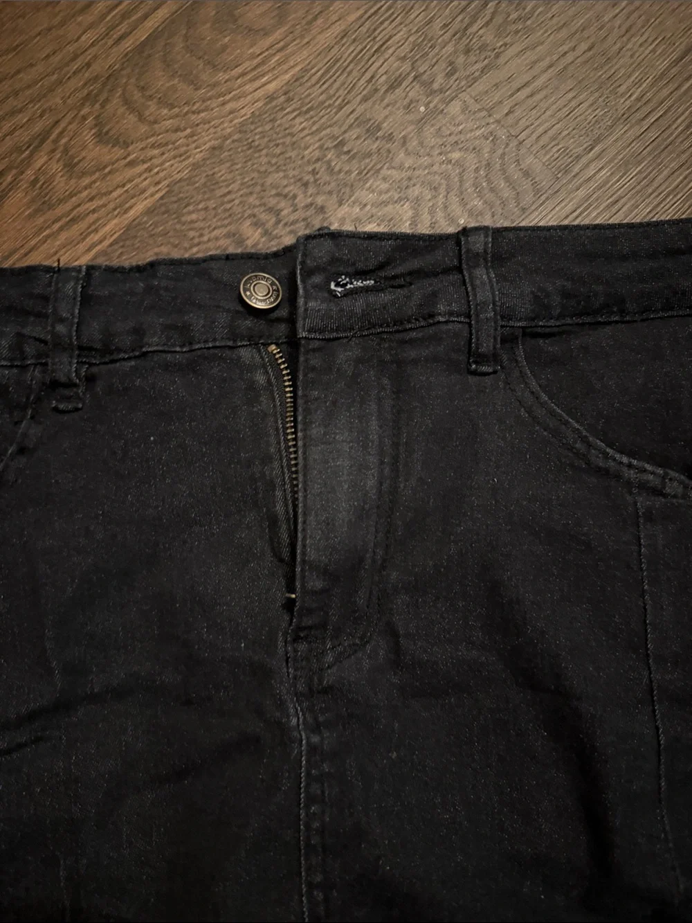 Black Denim Mini Skirt with Front Slit Detail